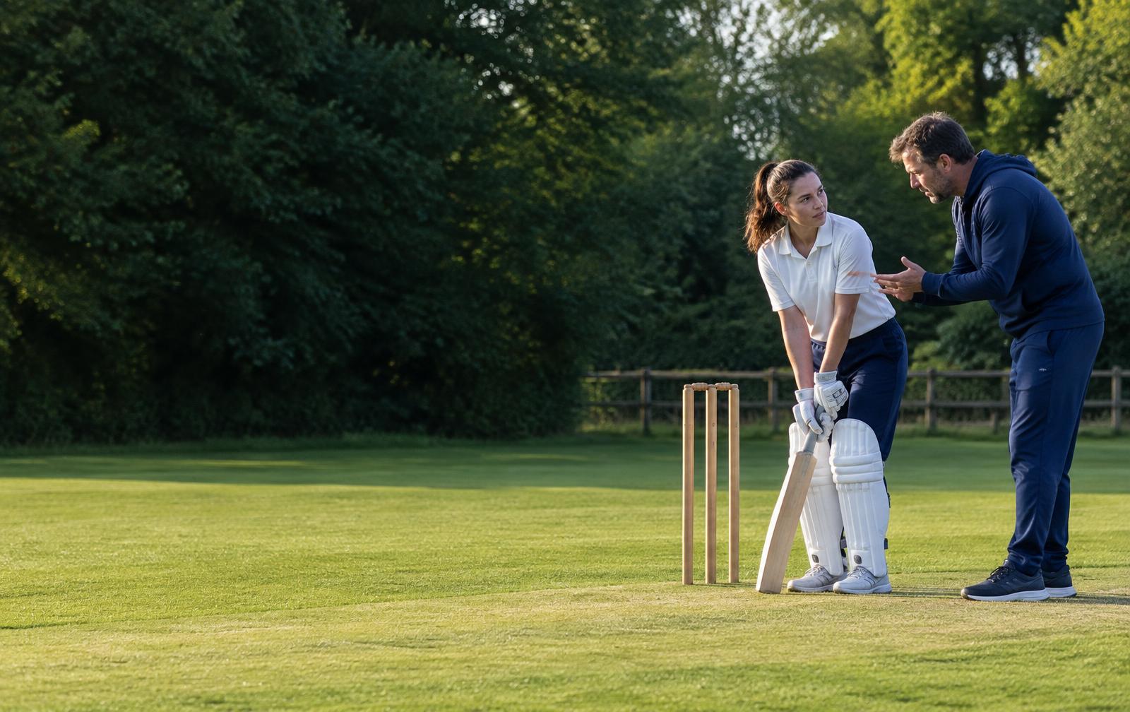 Illustration of a cricket player discussing a training focus with a coach